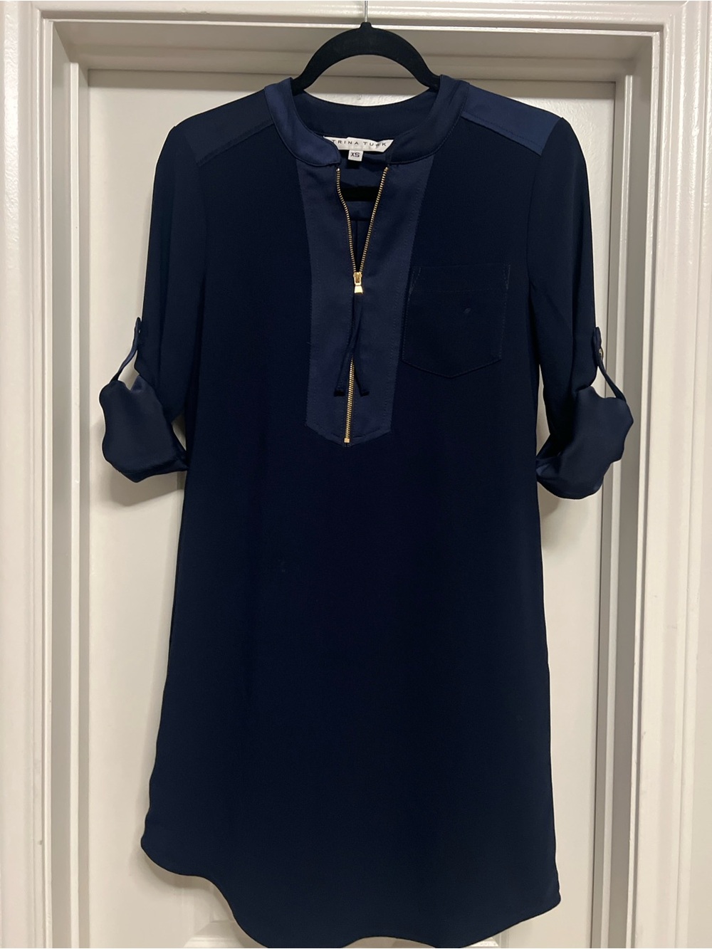 Trina Turk Navy Zip-Pocket Roll-Sleeve Dress